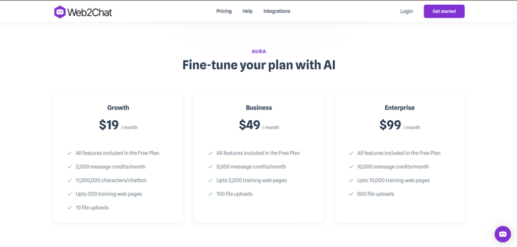 web2chat ai app pricing
