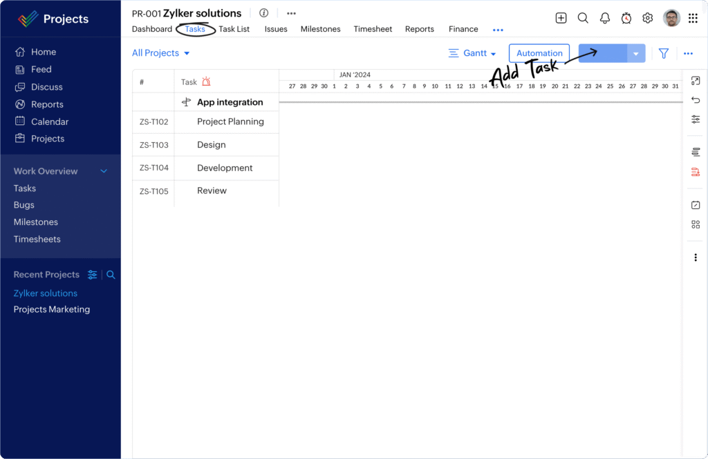 zoho-projects ai app gnatt charts