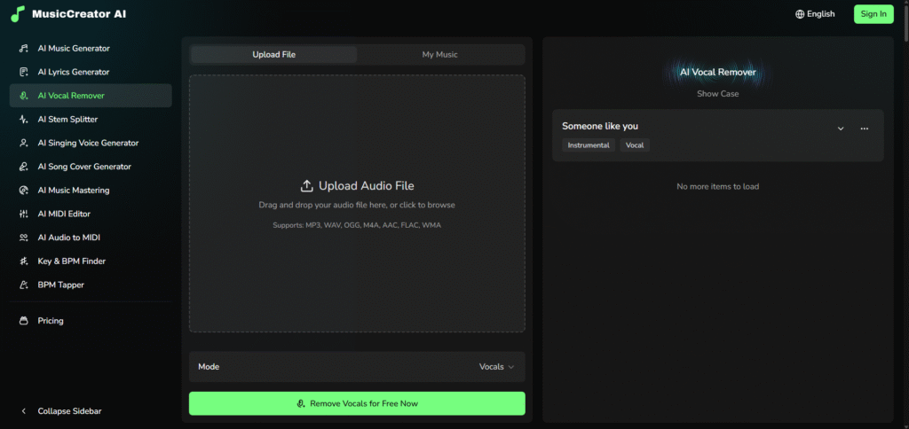 musiccreator ai app vocal remover
