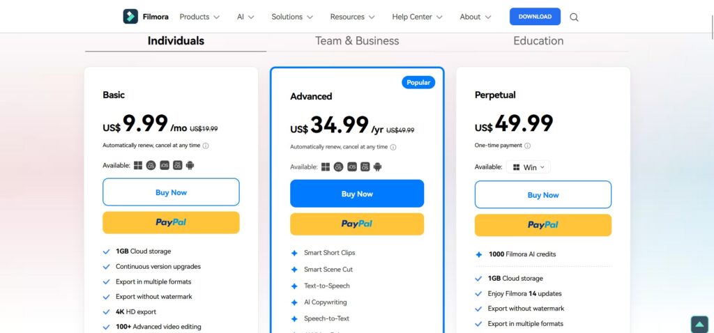 Wondershare-Filmora-Ai-App-Pricing