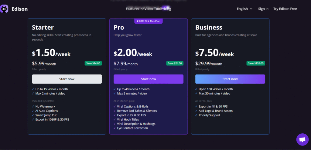 Edison AI App Pricing
