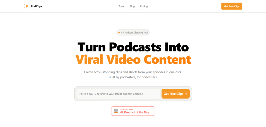 Podclips ai app homepage