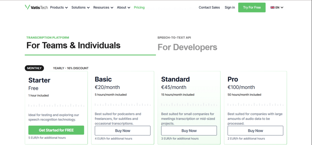 Vatis-tech-ai-app-pricing