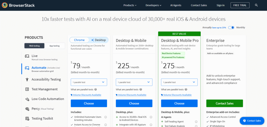 BrowserStack Automate AI App Pricing