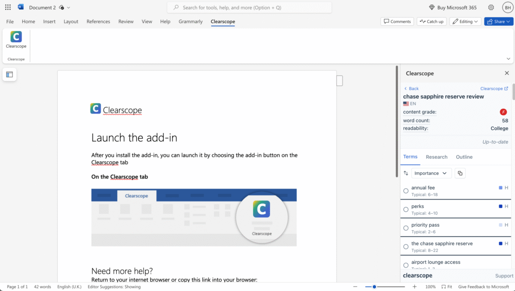 Clearscope ai app doc integration