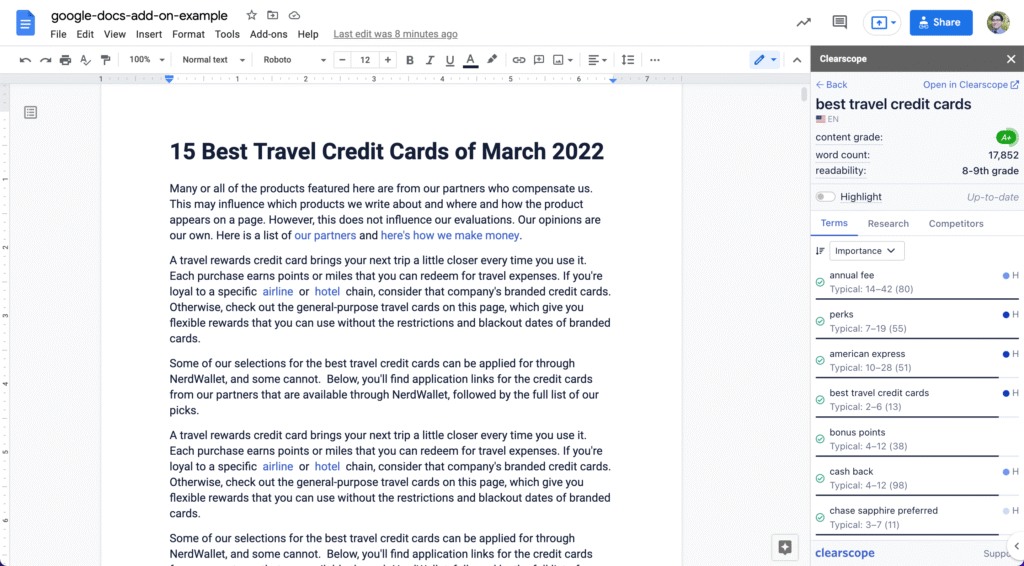 Clearscope ai app google doc integration