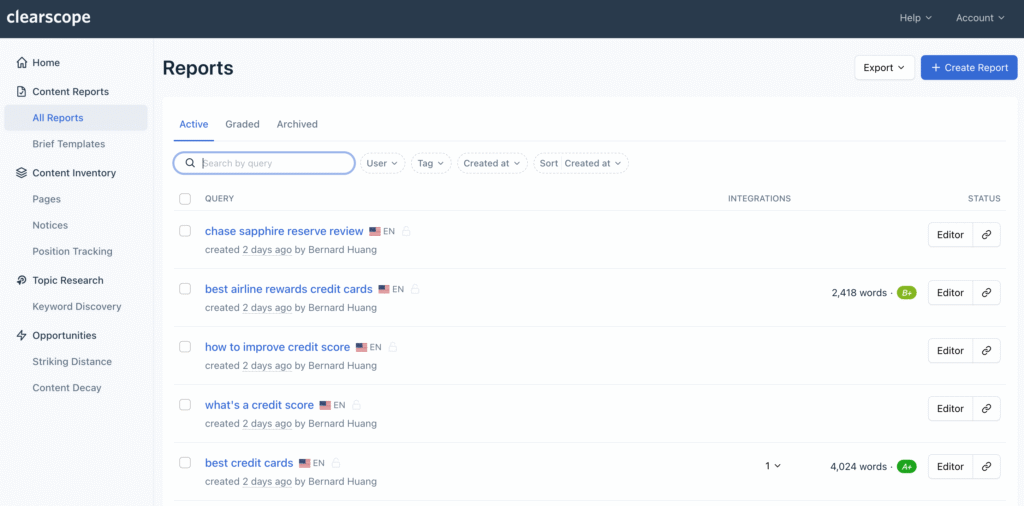 Clearscope ai app reports