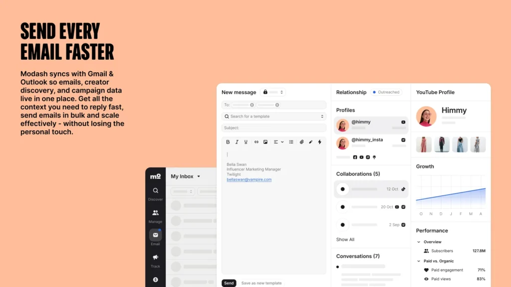 Modash AI app send and manage influencer emails