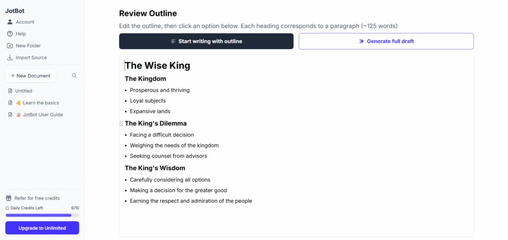 Myjotbot AI App Outline