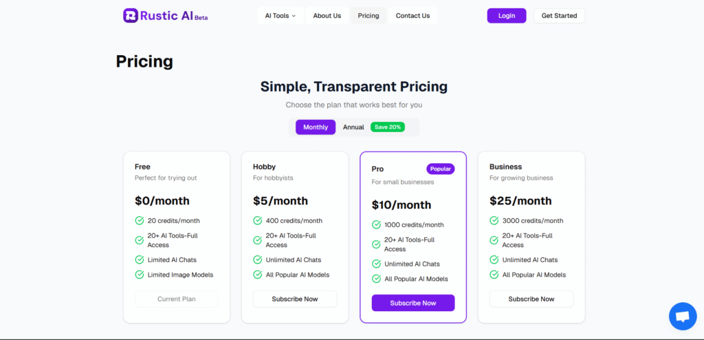 Rustic AI App Pricing