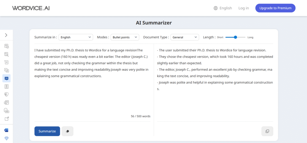wordvice-ai app Summarizer