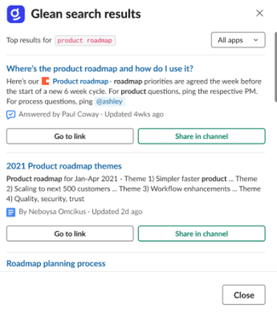 Glean AI App Search Results