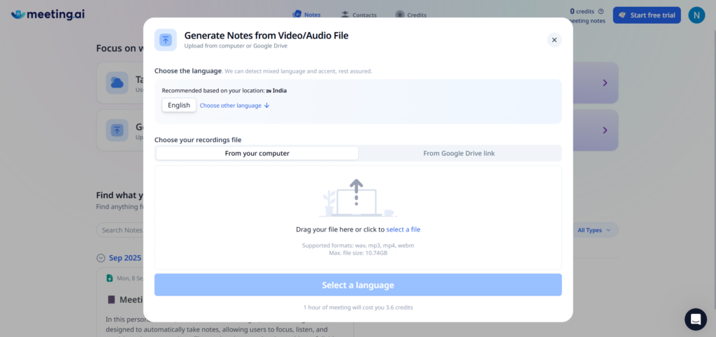 Meeting AI App generate notes from audio or video