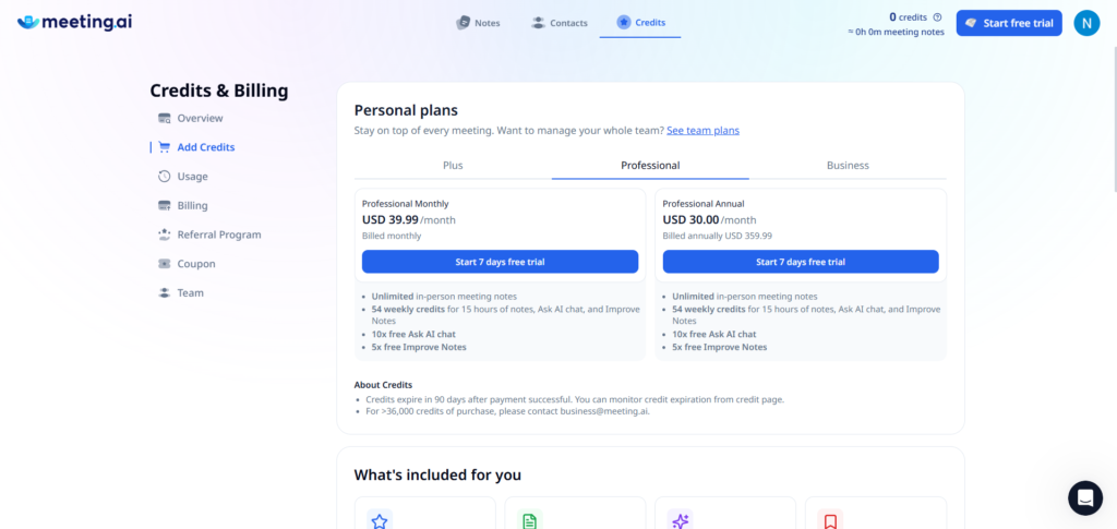 Meeting AI App pricing