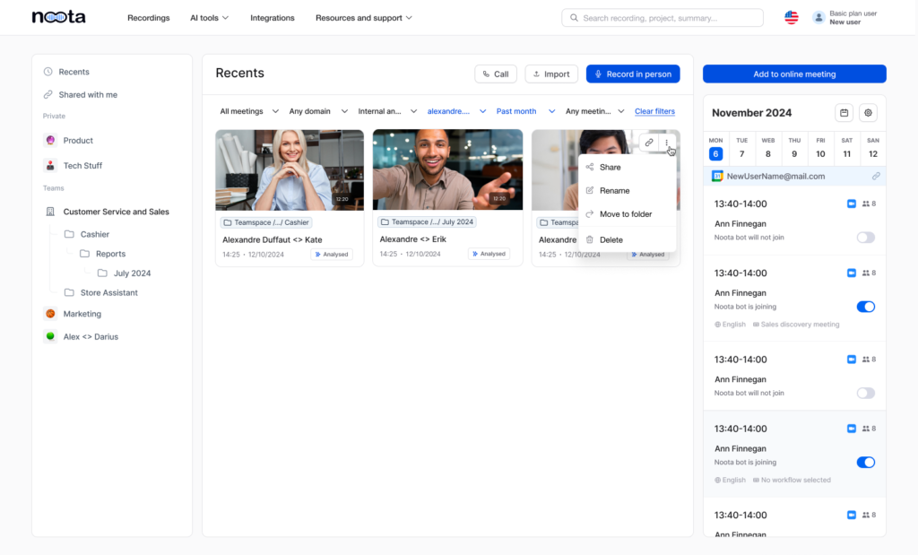 Noota AI App Upcoming-Meetings-Calendar