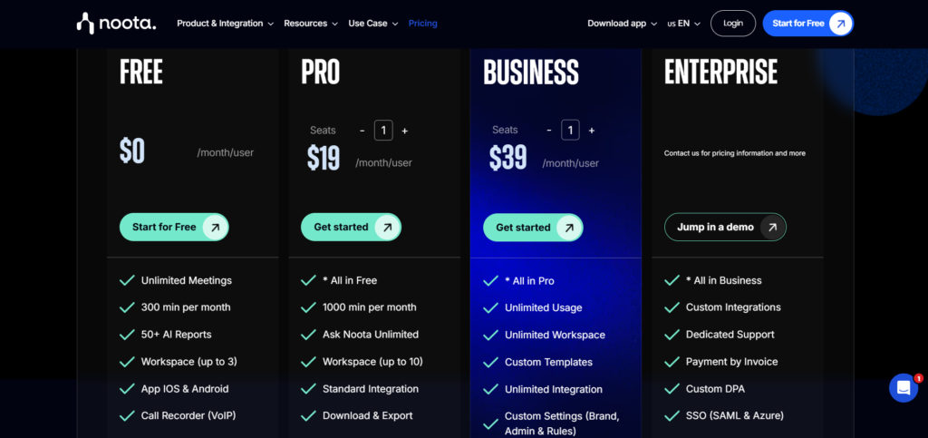 Noota ai app pricing