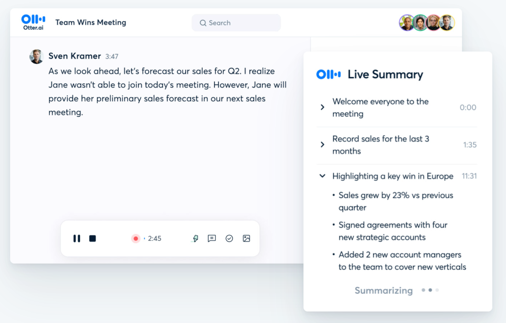 Otter AI App live meeting summary