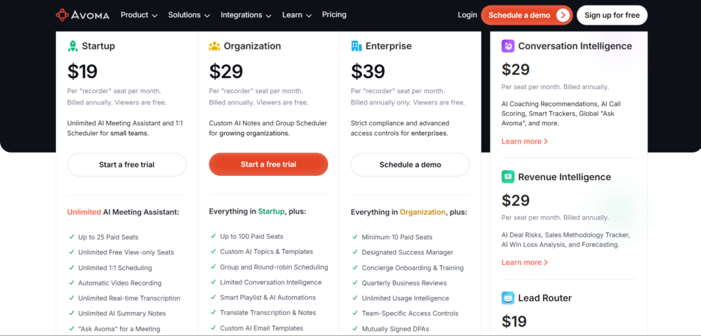 avoma ai app pricing