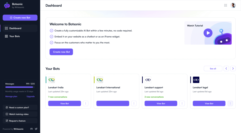 botsonic ai app Homescreen
