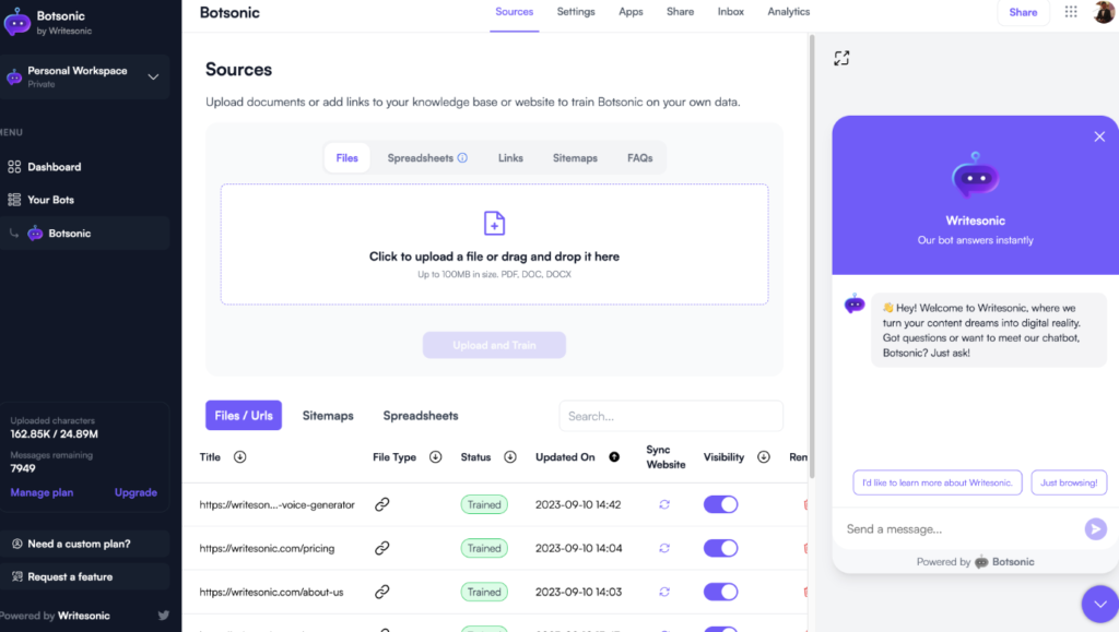 botsonic ai app dashboard