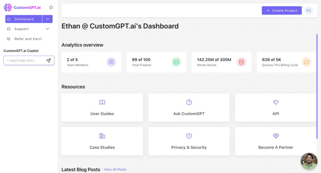 customgpt ai app Dashboard