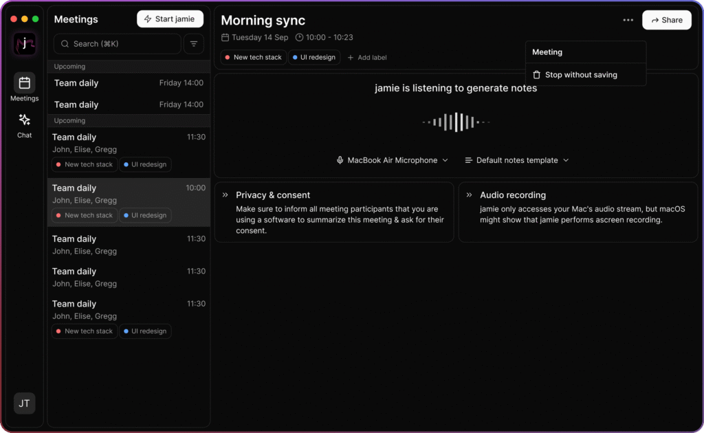 jamie ai app recording window