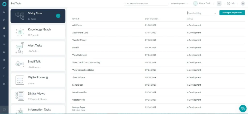 kore-ai app bot tasks