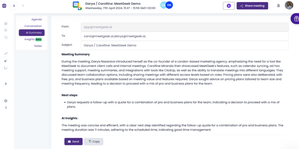 meetgeek AI app meeting notes
