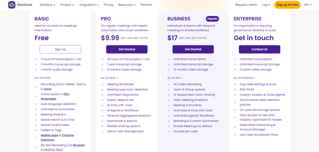 meetgeek AI app pricing