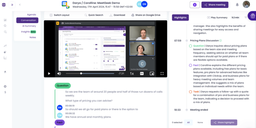 meetgeek AI app transcription