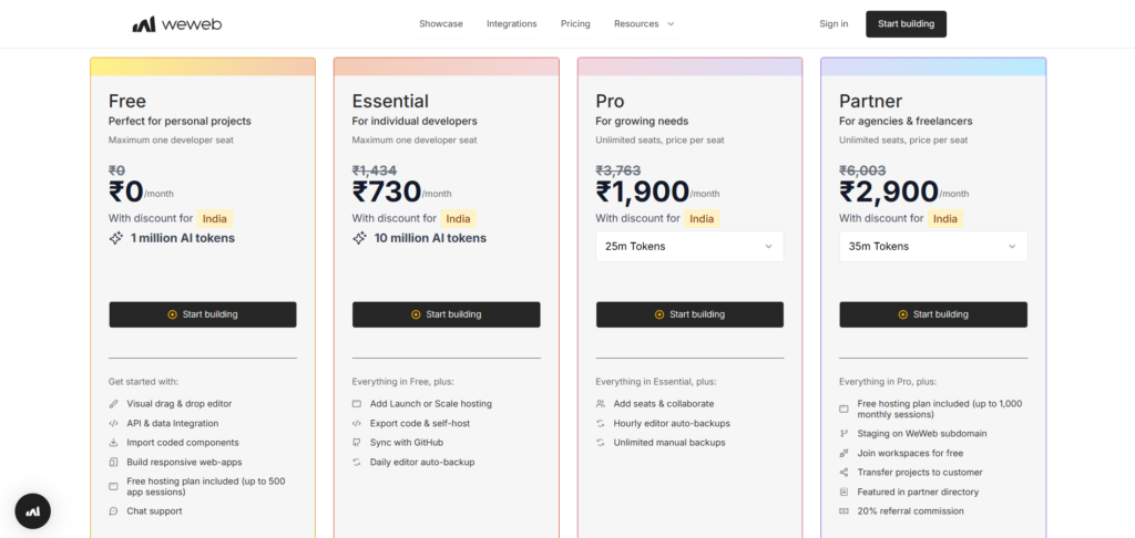 weweb ai app pricing